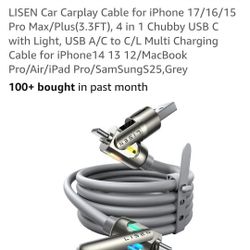 LISEN Car Carplay Cable for iPhone 17/16/15 Pro Max/Plus(3.3FT), 4 in 1 Chubby USB C with Light, USB A/C to C/L Multi Charging Cable for iPhone14 13 1