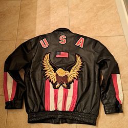 Vintage USA American Flag Eagle Black Leather Men's Sz M Bomber Biker Jacket