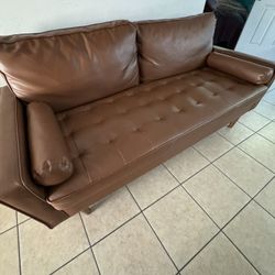 brown leather couch - mid century modern