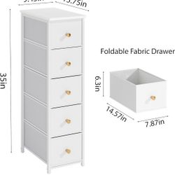 Storage Cabinet for Small Spaces Slim Skinny Bathroom Dresser Tall Dorm Nightstand Thin Organizer for Bathroom Bedroom (White, 5 Drawers)