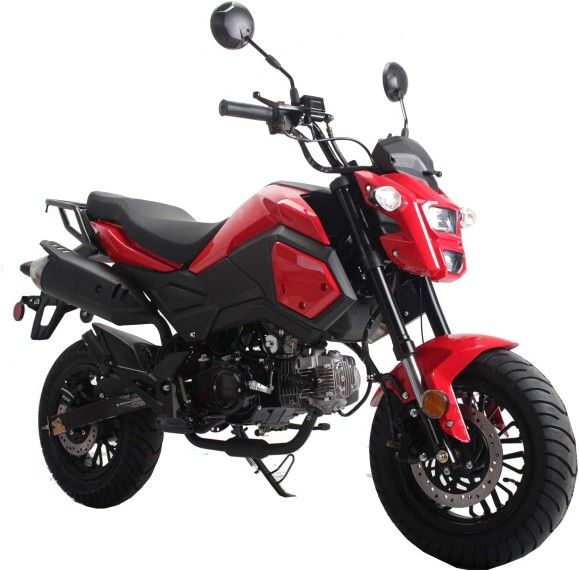 This is a red 125cc "Vader" adult street motorcycle, often referred to as a "Grom clone" due to its resemblance to the Honda Grom.