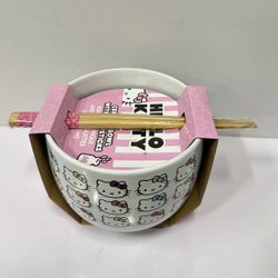  Hello Kitty Faces and Bows Pattern Ceramic Ramen Rice Bowl with Chopsticks, 20 Ounces