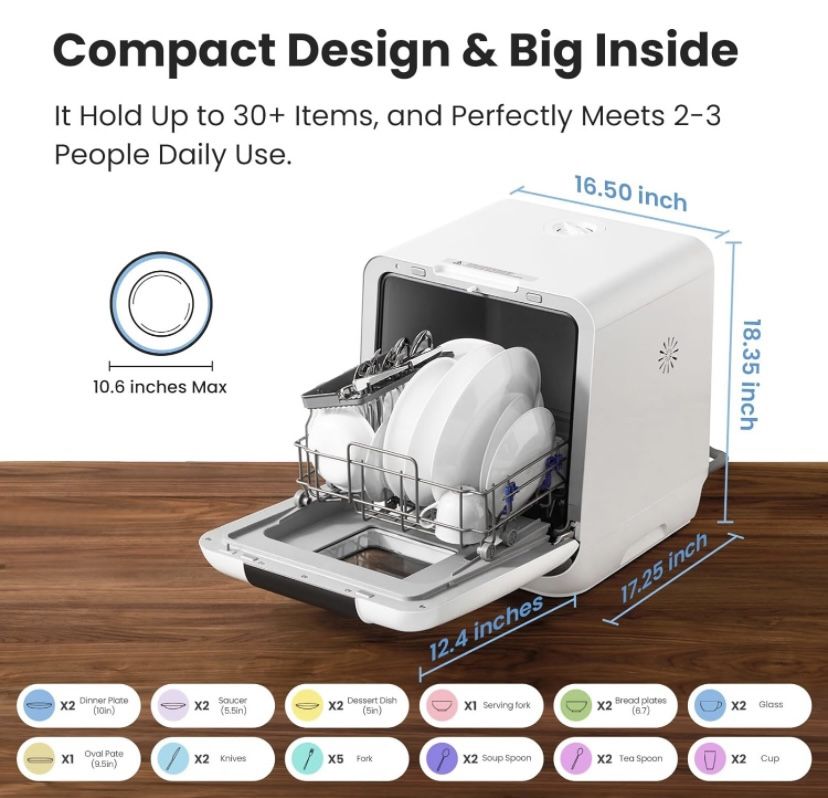 COMFEE' Countertop Dishwasher, Portable Dishwasher with 6L Built-in Water Tank, Mini Dishwasher with More Space Inside, 7 Programs, UV Hygiene& Auto D