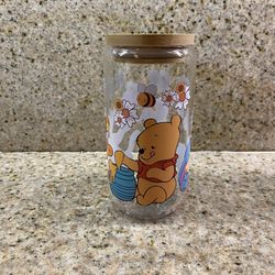 New Pooh Glass Cup With Lid/ Straw