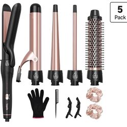 Lopeie 5 In 1 Curling Iron With Thermal Brush And 4 Interchangeable Ceramic Barrels(1/2 To 1 1/2 Inch), Curling Wand Set With Flat Iron, Fast Heating,