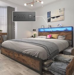 Queen bed frame, bed side tables, queen mattress