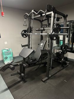 Vesta Fitness Smith Machine 2001 w/Bench Attachment | 230lb Bumpers Weights | 7ft Olympic Bar | Fitness | Gym Equipment | FREE DELIVERY & INSTALL🚚
