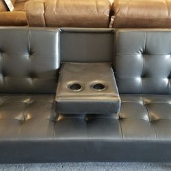 Brand New 74" x 44" Black Faux Leather Sofa Futon With Cup Holders