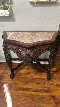 Ornate Carved Wood Console Table with Marble Top