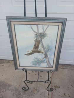 Vintage framed Bald Eagle in flight oil in canvas painting signed M.P. Elliott