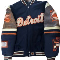 Vintage JH Design Detroit Tigers MLB Wool Body Distress Leather Sleeve Jacket 2XL