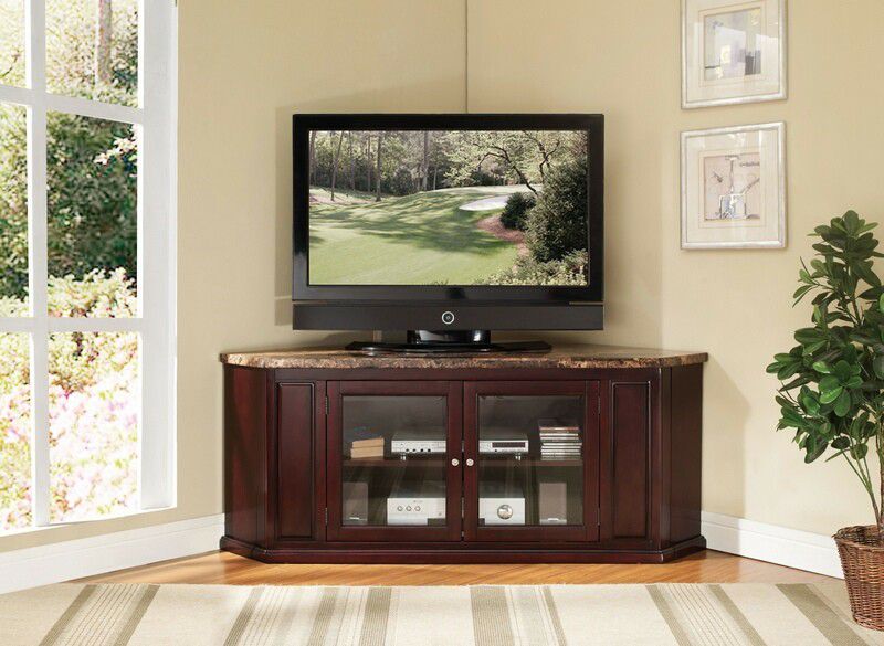 Espresso finish wood faux marble top corner tv stand