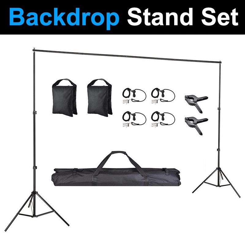 $35 (new in box) tripod backdrop stand adjustable 10ft wide x 6.5ft tall with clips, sandbag and carry bag