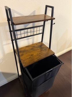 Laundry Hamper with Shelf, Hooks and Pull out Laundry Bag