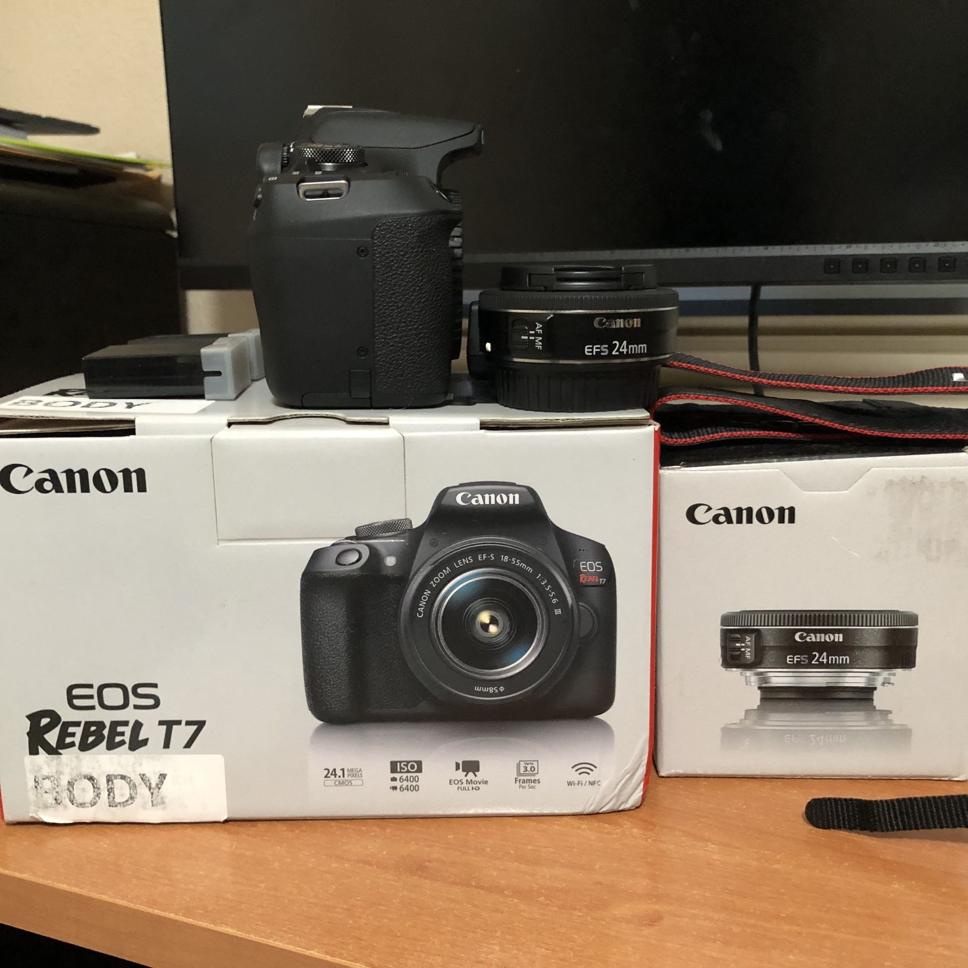 Canon Rebel T7 + 24mm Lens + Charger + 3 Batteries + Strap for Sale in