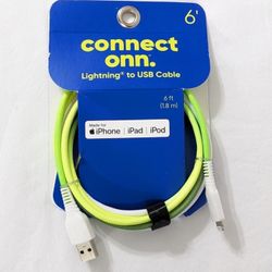 NEW Connect Onn. 6 ft. Yellow, Green, & White Lightning to USB Cable