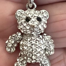 TEDDY BEAR NECKLACE WITH FAUX CLEAR GEMS!!  BEAR PENDANT  IS 1 INCH, CHAIN IS 11 INCH