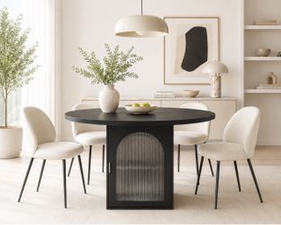 New Modern 47.2 Inch Round Dining Table with Storage, Walnut Pedestal Round Kitchen and Dining Room Table for 4–6, Ribbed Glass Doors, Space-Saving Ci