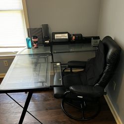 GLASS DESK WITH MASSAGE DESK CHAIR AND ACCESSORIES 