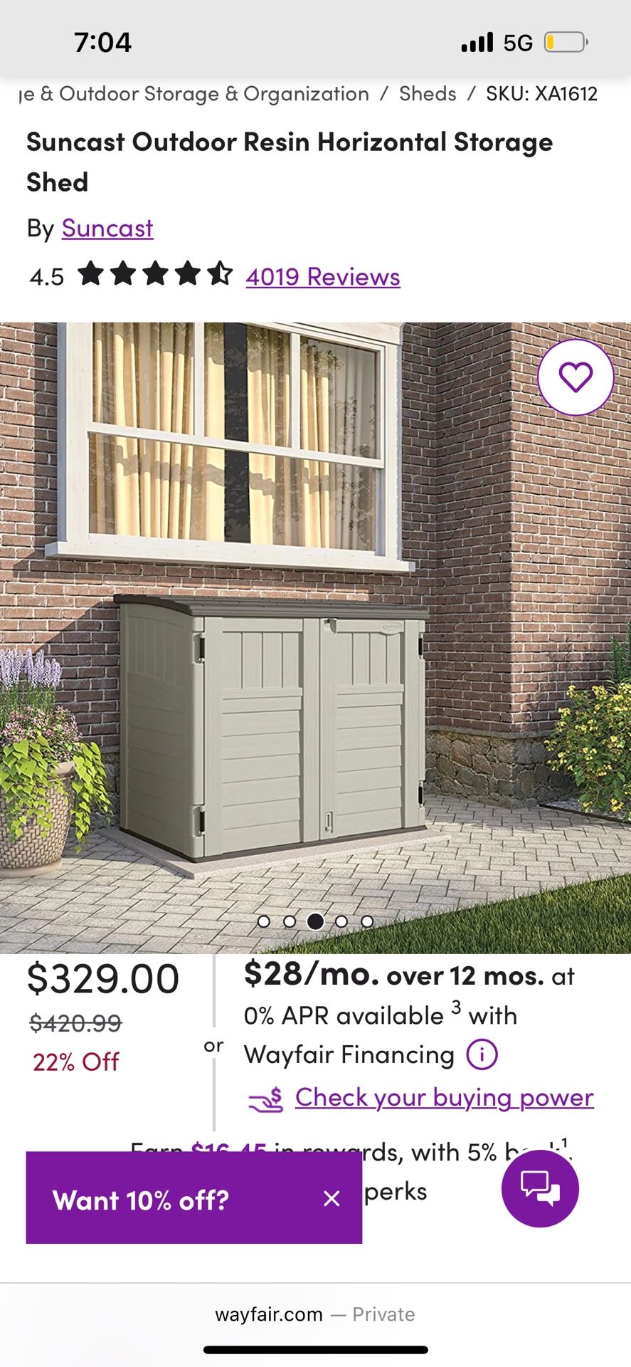 Suncast Outdoor Resin Horizontal Storage Shed