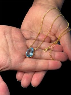 925 Sterling Silver Gold Cable Chain Necklace Oval Blue Topaz Pendant Charm