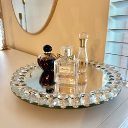 Crystal Mirrored Glass Vanity Tray Rotating Perfume Tray Trinket 