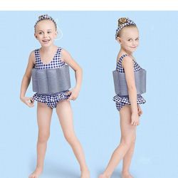 IDOPIP Kids Girls Floatation Swimsuit  Adjustable Buoyancy Baby Float Suit Swim Vest One Piece Swimwear Bathing Suit 6/7 Blue Gingham New 