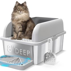 XL Stainless Steel Cat Litter Box with Lid – 8” Deep, High Sided, Non-Stick, Anti-Leak