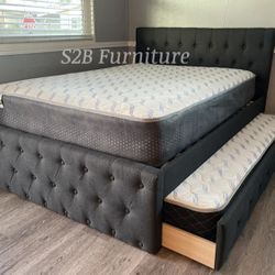 Full Twin Grey Frenchi Trundle Bed With Ortho Mattress Included!!