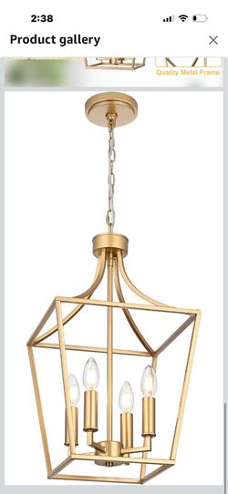 4-Light Gold Lantern Chandelier Adjustable Height, Kitchen Island Lighting Hanging Ceiling Pendant for Over Table Dining Room Foyer, E12 Bulb Base