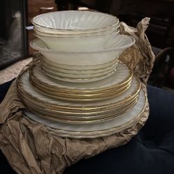 Vintage Gold Rimmed Milky White FireKing Dish Set
