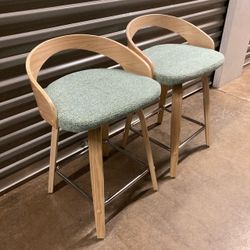 Grotto 24”/26" Counter Stools - Natural Wood + Light Green Fabric (Set of 2)