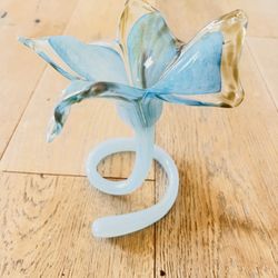 Murano Venetian Art Glass Flower Vase Aqua Pastel  Blue & Gold Sparkle Streaks