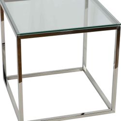Cortesi Home Kent End Table, 18’’ Square, Silver Stainless Steel with Glass Top