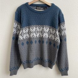 Vintage 90s Coogi Vibes Blue Grey Fair Isle Holiday Grandpa Chunky Sweater