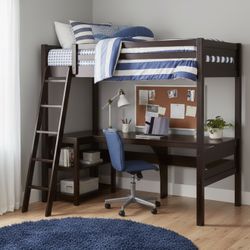 New Wood Twin Loft Bed With Built In Desk 