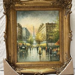 Paris ~ Hand-Painted Oil Painting Wooden Frame 33.5” x 30”