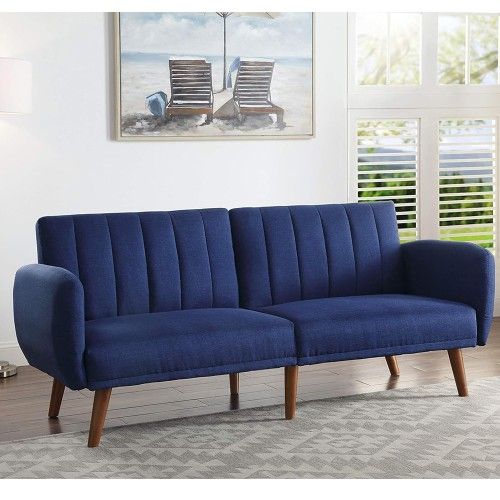 Linen Fabric Tufted Sofa Upholstery Adjustable Couch with Walnut Legs. Color: Blue, Green Or Gray