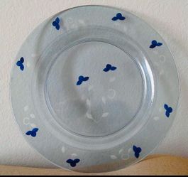 Clear Glass Decorative Plate with Blue Floral Pattern