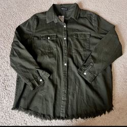Zilcremo Women Denim Long Sleeve Distressed Button Down Shirt XL Fringe Hem