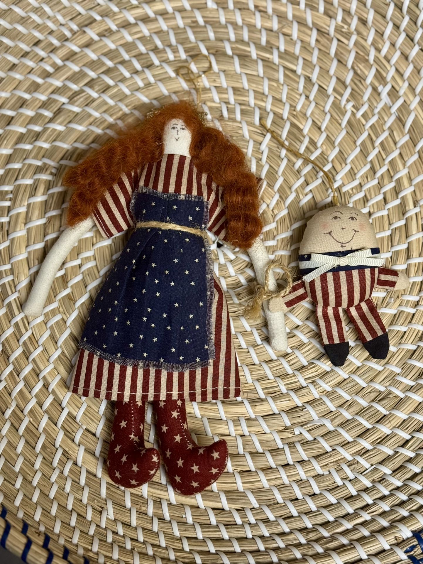 2 Virginia Killmore Primitive Raggedy Ann & Humpty Dumpty Christmas Ornaments