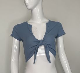Tie Front Crop Top – Short Sleeve Ribbed Tee – Size Medium