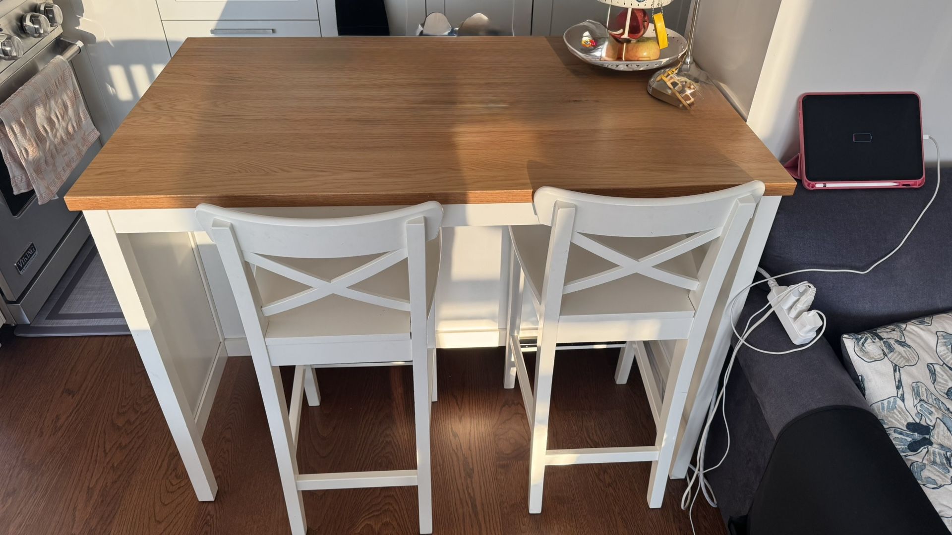 White Kitchen Island with Light Brown Top + 2 White Bar Stools With Backrest