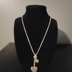 . 925 Sterling Silver Necklace With 2 Filigree Hearts 18" Long