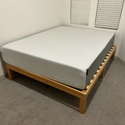 Barely used Queen mattress + Wood Bed Frame