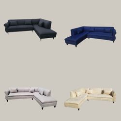 NEW 7X9FT And 9x7ft SECTIONAL CHAISE,  Velvet BLACK, Light GREY   Pink Fabric And White LEATHER  Sofa Set 2pcs/ More Color Available .