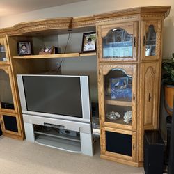 Solid Oak Entertainment Center w/ Glass Cabinets & Storage 