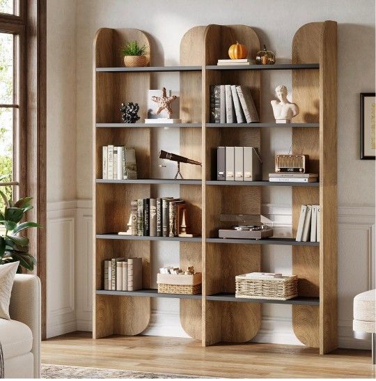 70.87-Inch Tall Double Wide Bookcase with Open Shelves, Vintage Floor Standing Book Shelf (1, Brown+Black)