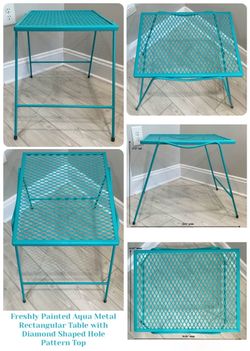 SALE!! Freshly Painted Aqua Metal Rectangular Table with Diamond Shaped Hole Pattern Top
