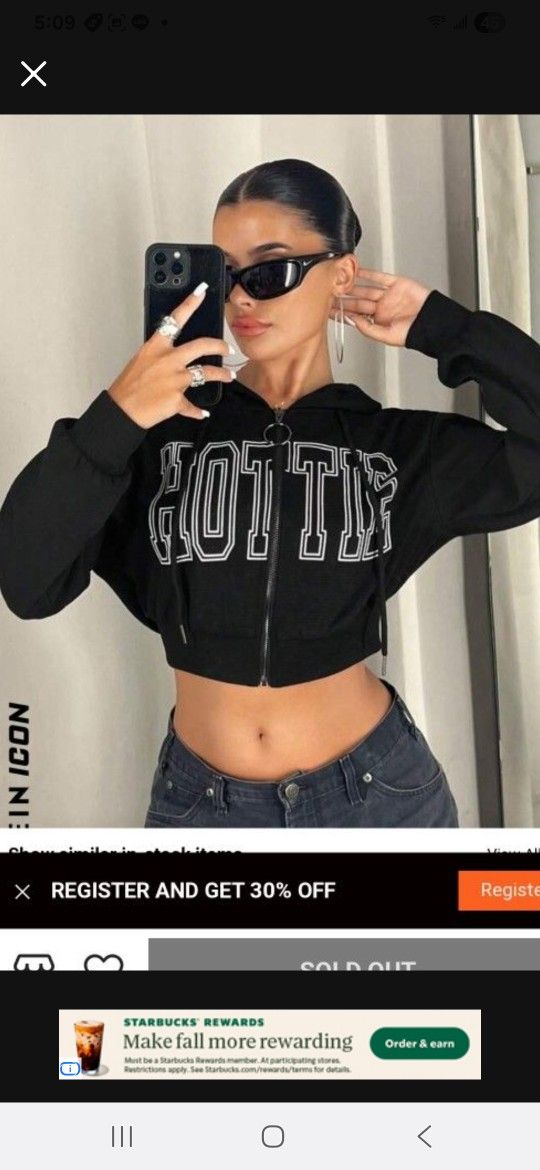 NEW Women Black Zipper Hoodie Crop Top Hottie Jacket Size M